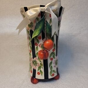 J.McCall Blue Sky 2004 Cherries & Floral Ceramic Vase
